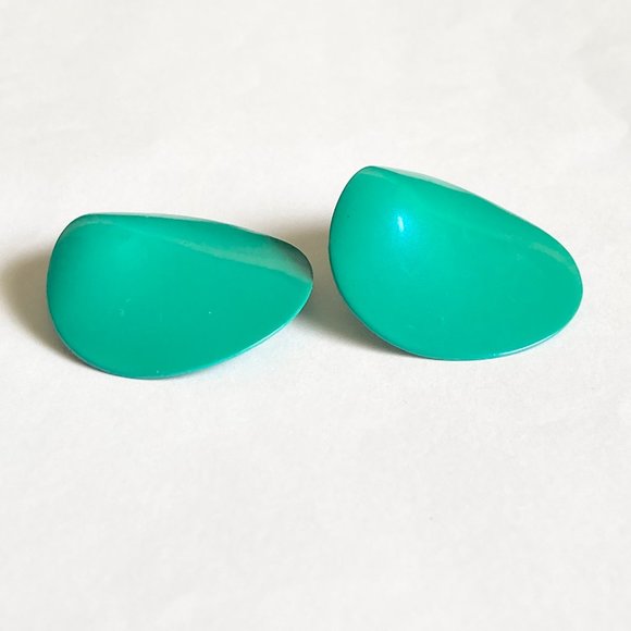 Vintage Aqua Green Enamel Clip On Earrings 70's 80's Pearlized Freeform Modern - Picture 4 of 9